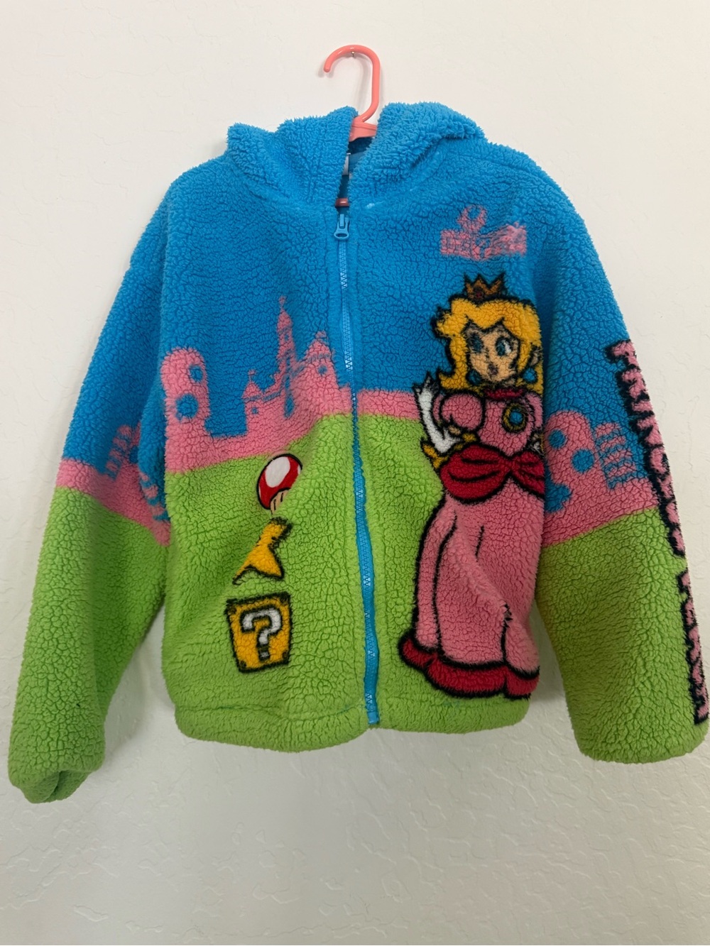 Blue & Green Fuzzy Zip Hoodie with Pink Character Graphic